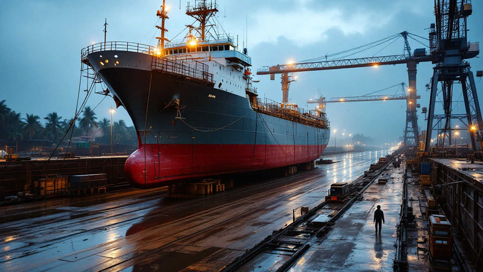 Steel cargo vessel on keel blocks in a graving dry dock at an Indonesian shipyard before dawn