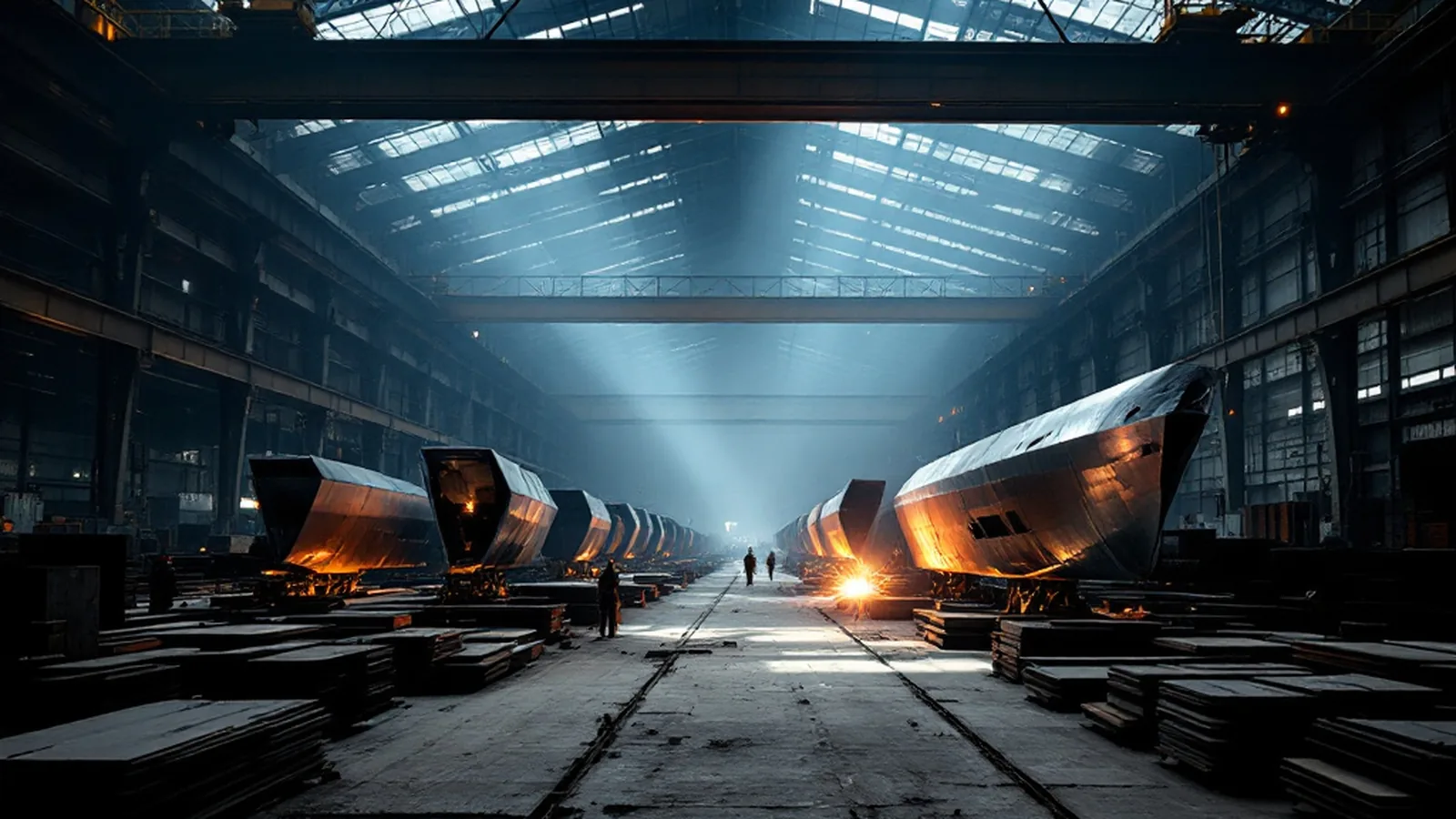 Partly assembled steel hull blocks on jigs inside a covered fabrication hall at an Indonesian shipbuilding yard