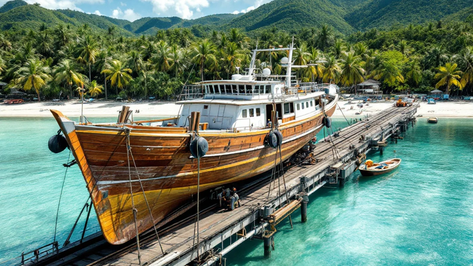Timber-hulled charter vessel drawn up on a marine railway slipway cradle in eastern Indonesia